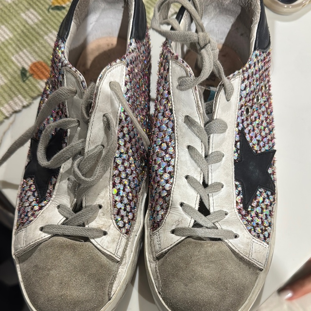 Golden Goose Silver and Black Sneakers with Perforated Details